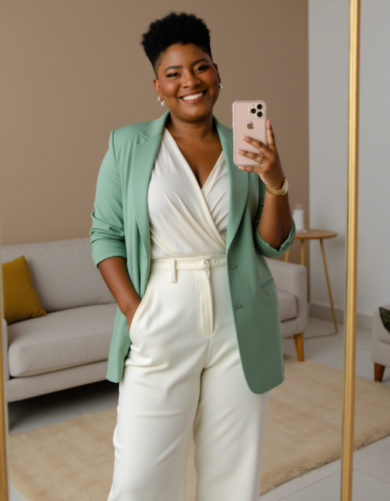 FOTOGRAFIA COM IA MULHER DE PELE NEGRE, VESTINDO MACAÇÃO BRANCO E BLAZER VERDE COM UM CELULAR NA MÃO FAZENDO SELF. GFSTUDIO FOTOGRAFIA EM SALVADOR